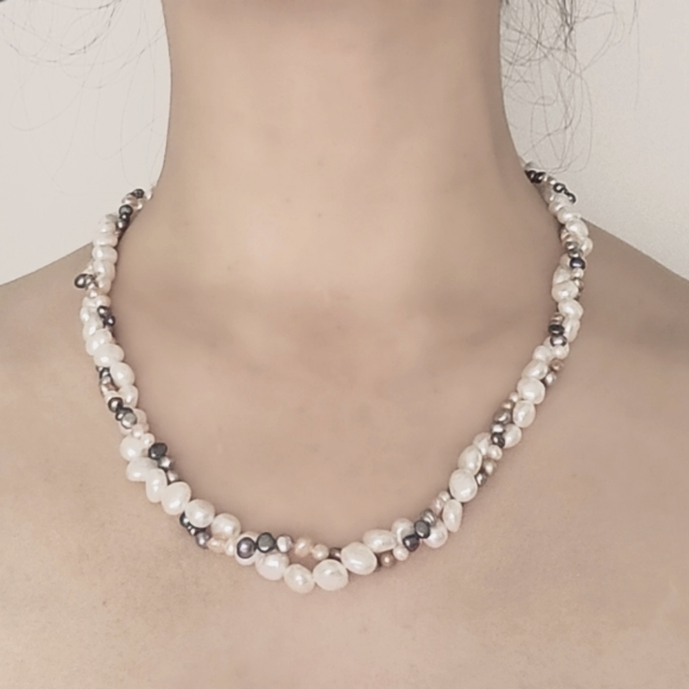 6mm Real Pearl Torsade Two-Tone Necklace 20"